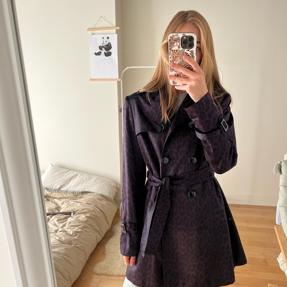 Elegant Dark Purple leopard print silk Trench Coat Janet Wise